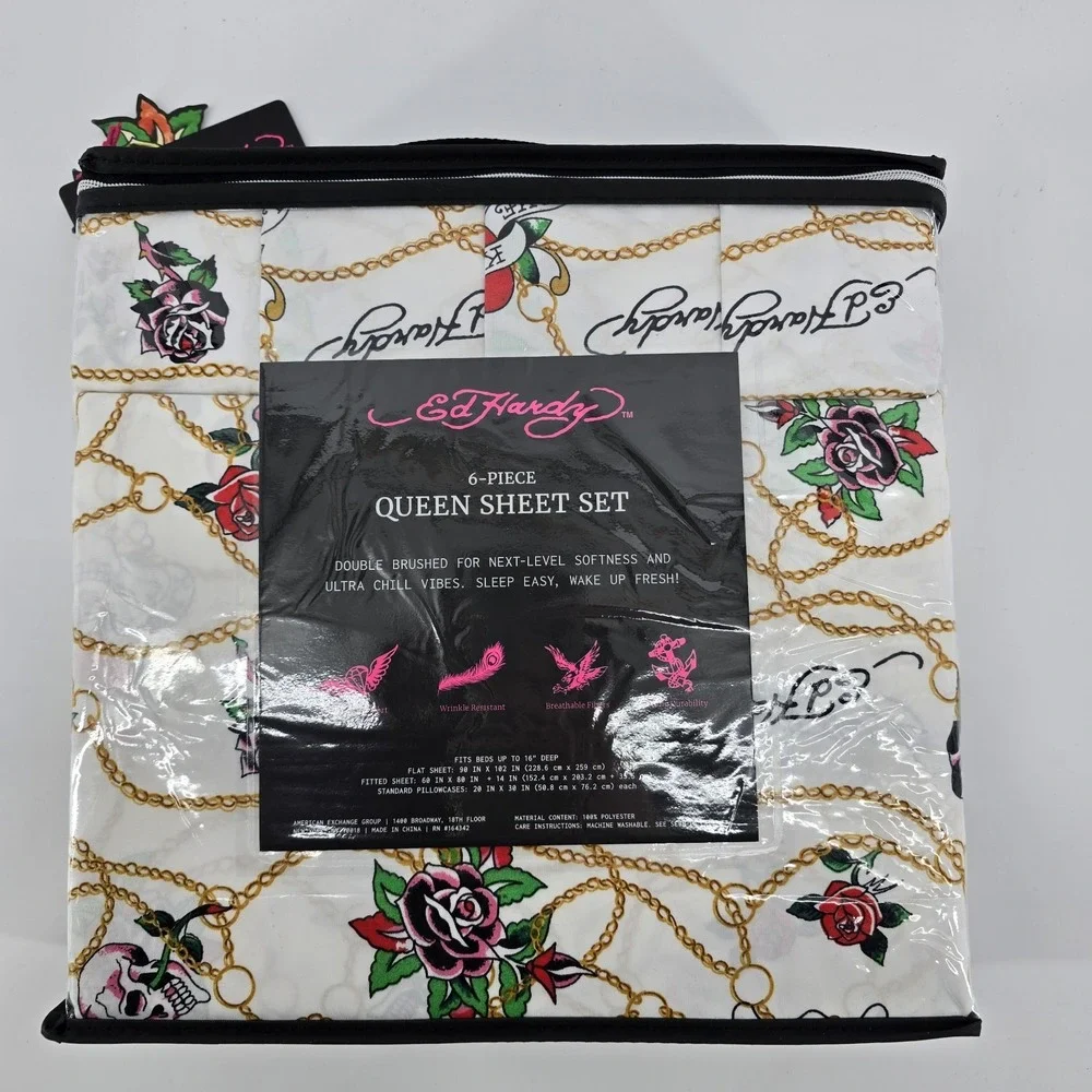 Ed Hardy Queen 6pc‎ Sheet Set White Red Skull Roses Hearts Love Kills Slow New